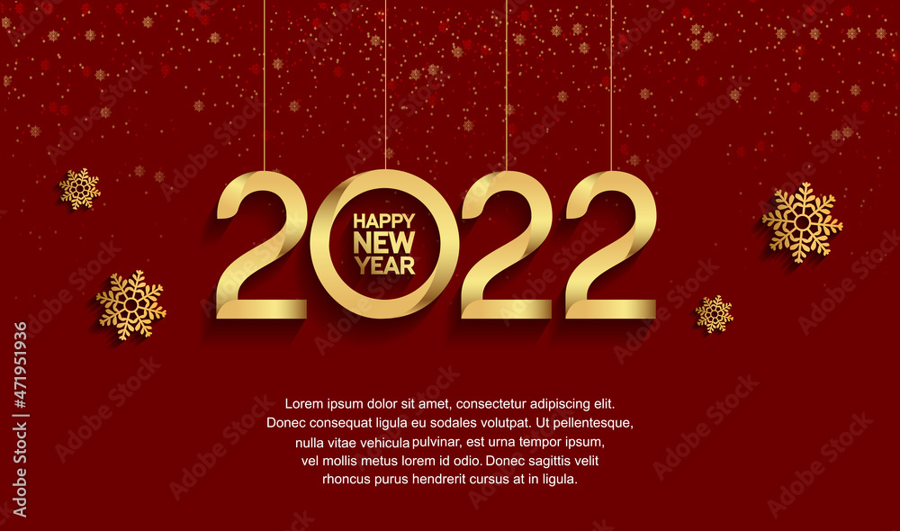 happy new year 2022 hanging golden number with snowflake isolated red background