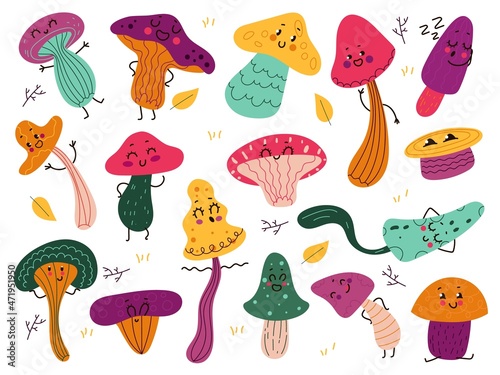 Cute mushrooms characters. Funny cartoon forest fungus, fairytale anthropomorphic natural objects, childish vegetable objects, cute autumn funny collection, vector doodle isolated set