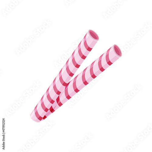 Biscuit sticks with pink stripes. Sweet waffle chocolate biscuit. Strawberry taste .Cartoon vector illustration on a white isolated background.