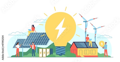 Green energy sources. Future electricity generation. People with laptops, solar panels and wind turbines. Ecological lifestyle. Glowing light lamp. Vector renewable eco technologies photo