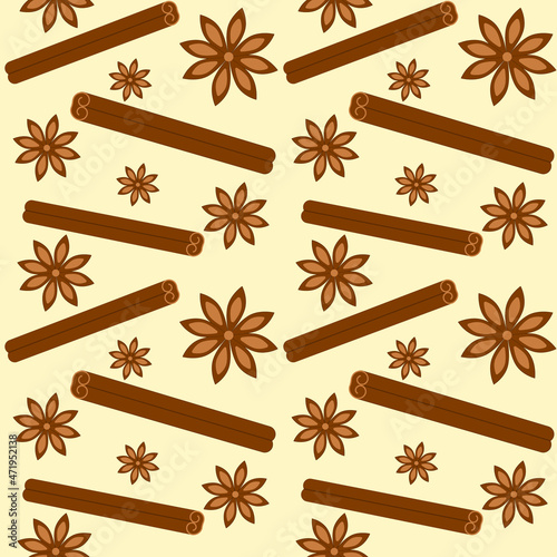 Cinnamon sticks and star anise seamless pattern. Fragrant seasoning, spice. Vector background for packages, menu cover, card.