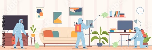 Interior disinfection. Sanitary treatment of room against viruses. Men doing professional antibacterial cleaning. Disinfector spraying chemicals. Pandemic prevention. Vector concept