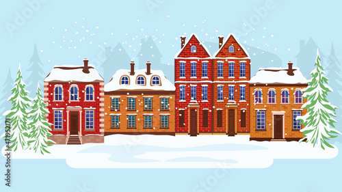 Winter cityscape, Christmas background, greeting card, old Europe architecture, space for text or design, flat vector illustration.