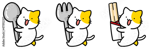 カトラリーを運ぶかわいいねこの手書き風イラストセット