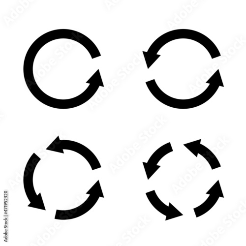 Recycling eco circle. Black arrows. Round circular signs. Recyclable garbage reuse graphic icon templates. Rotation circles. Environment protection. Waste reduce. Vector symbols set