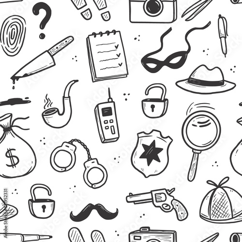 Detective seamless pattern. Hand drawn sketch doodle style crime background. Footprint, fingerprint, magnifier detective investigation pattern. Vector illustration.