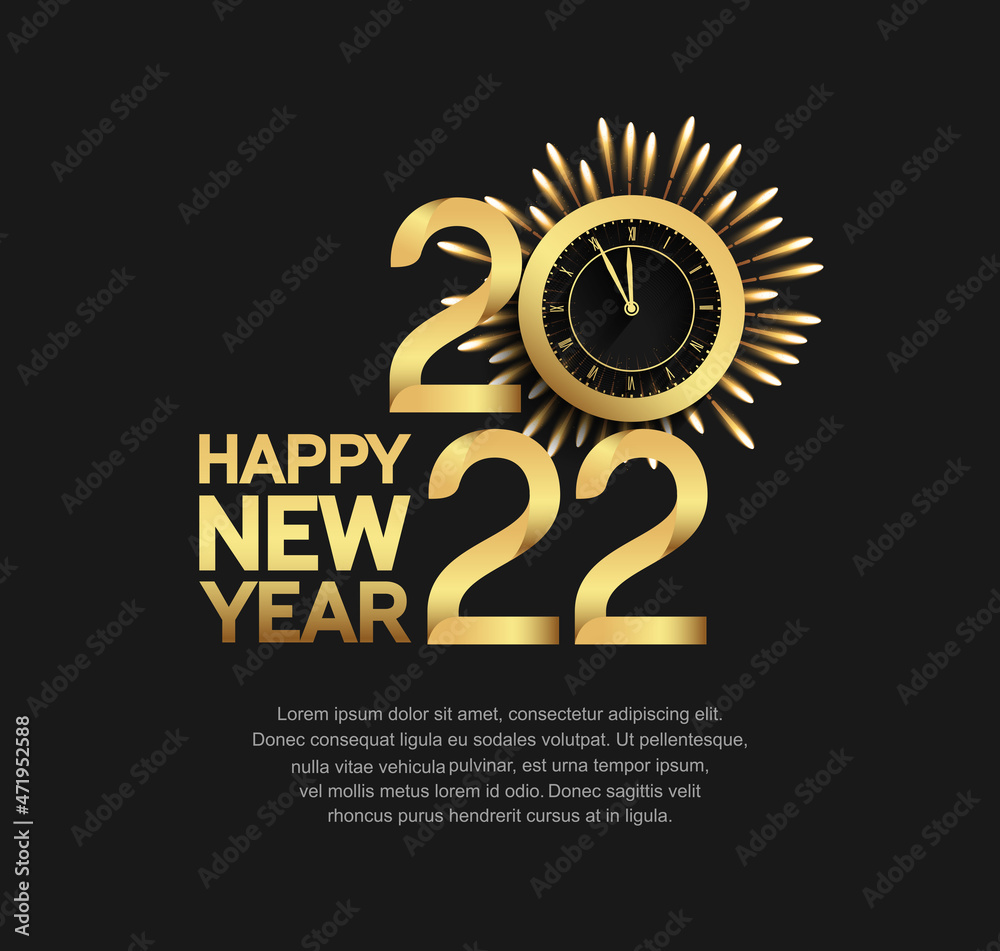 Fototapeta premium happy new year 2022 golden number with firework and clock isolated black background