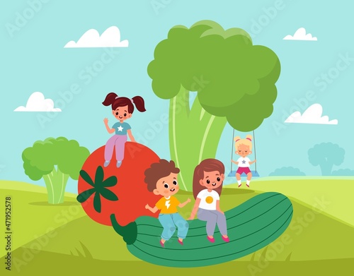 Children with vegetables. Kids entertainment and leisure. Boys and girls play outdoor. Big tomato cucumber and celery. Health vegetarian food. Babies organic nutrition. Vector concept