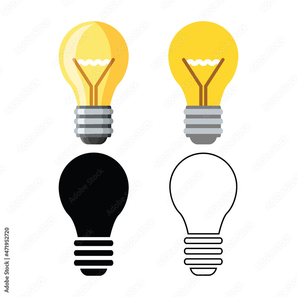 A set of incandescent light bulb icons. Various options for the outline of the light bulb. A symbol of an idea. Vector illustration isolated on a white background for design and web. A set of incandescent light bulb icons. Various options for the outline of the light bulb. A symbol of an idea. Vector illustration isolated on a white background for design and web.