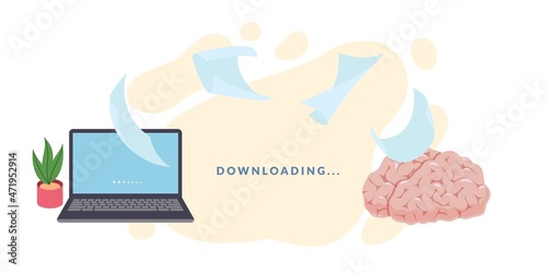 Downloading. Waiting update. Files upload from laptop to brain. Information and knowledge transfer. Data transaction. Connection of mind and network. Flying paper pages. Vector concept