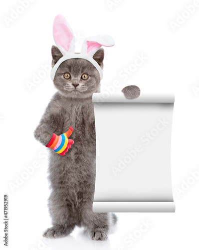 Funny kitten wearing Easter rabbits ears shows empty list and thumbs up gesture. Isolated on white background