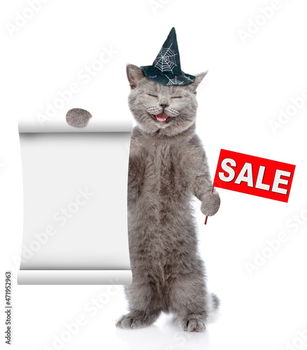 Happy cat wearing hat for halloween shows empty list and sales symbol. isolated on white background