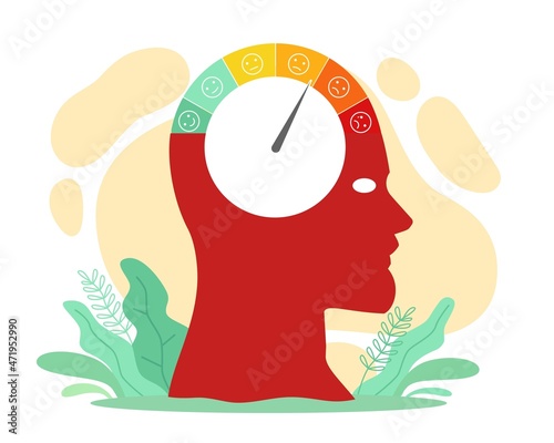 Emotional limit. Edge of psychological breakdown. Head with emotion measuring scale. Unhappy person. Mental pressure level. Man feels fatigue and stress. Mood infographic. Vector concept