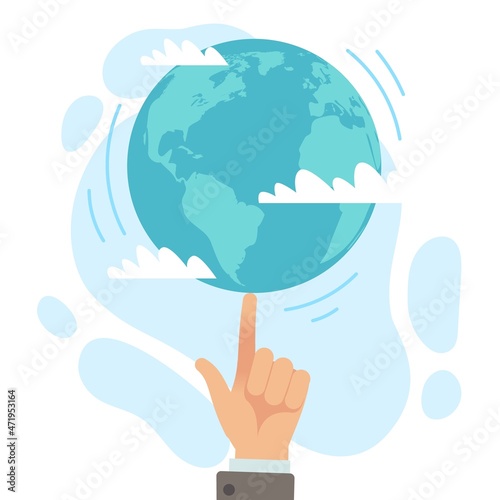 Global control. Person twisting planet on finger. International management. Leadership and authority. World government holding Earth. Corporations manage marionette. Vector concept
