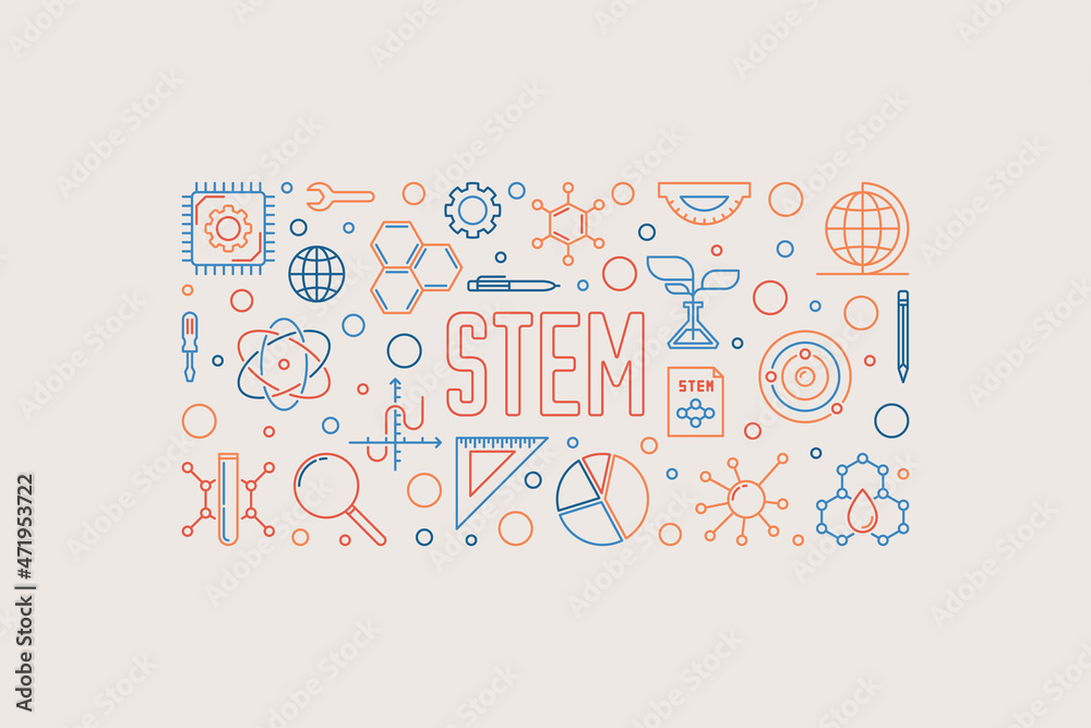 STEM creative horizontal banner - vector outline illustration