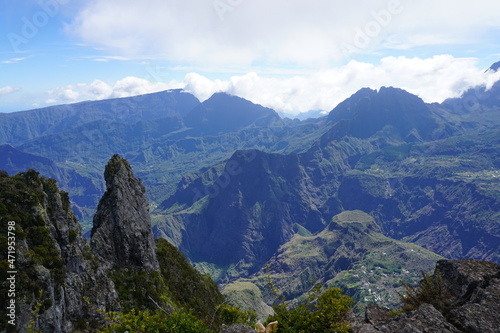 panoramic view of the volcanic landscape in the mountains of the tropical island of la réunion france
