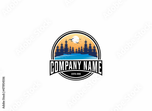 lake illustration logo with lush lake and trees illustration and morning view