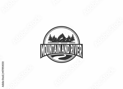 mountain and river illustration logo in white background