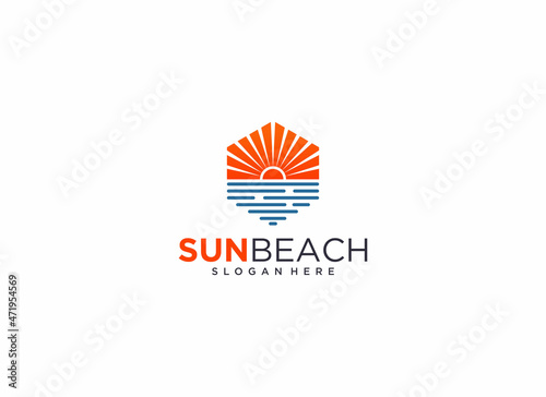sun beach logo with sun and sea water in white background