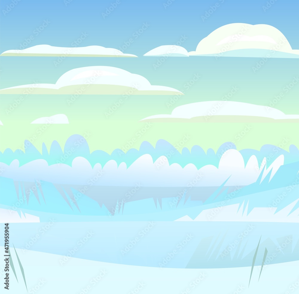 Hoarfrost on bushes and trees. Winter rural landscape with cold white snow and drifts. Beautiful frosty view of countryside hilly plain. Flat design cartoon style. Vector