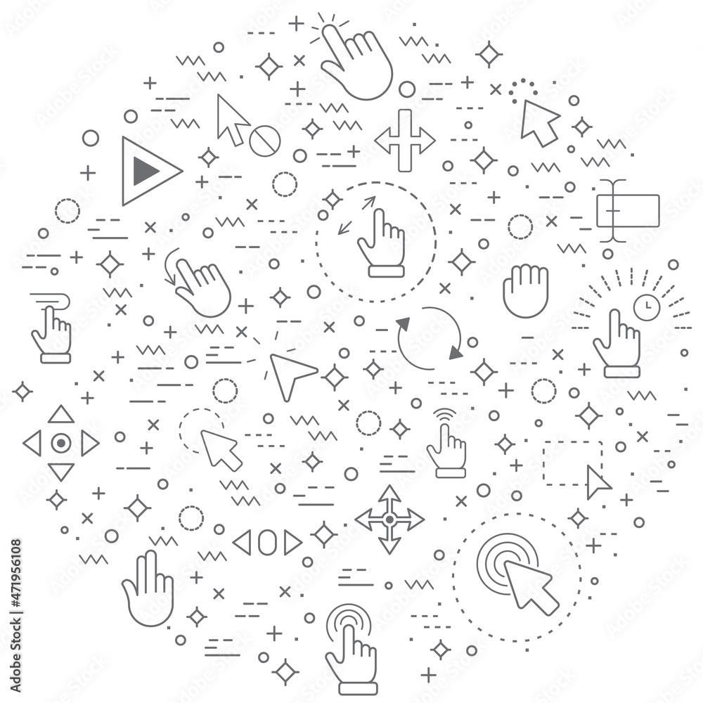 Simple Set of hand cursors and Gestures Related Vector Line Illustration. Contains such Icons as pointer, click, motion, sign, icon, signal, Pose, selection and Other Elements.