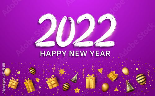 happy new year 2022 white color number with golden balloons, glitter and gift box isolated on brown background