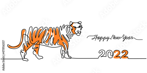 Continuous one line of a  2022  new year text. Chinese New year of the tiger handwritten 2022 lettering. Celebration New Year concept isolated on white background. year with single line style.