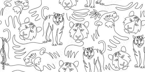 Continuous one line of tiger isolated on seamless pattern and white background.