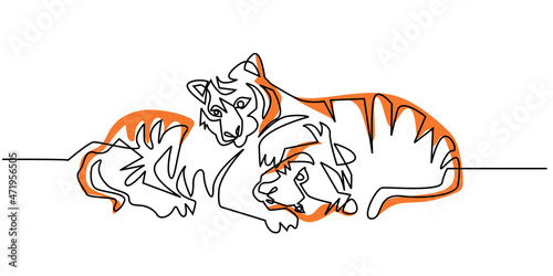 Fototapeta Naklejka Na Ścianę i Meble -  Continuous one line drawing of a Tiger couple hugging isolated on white background.