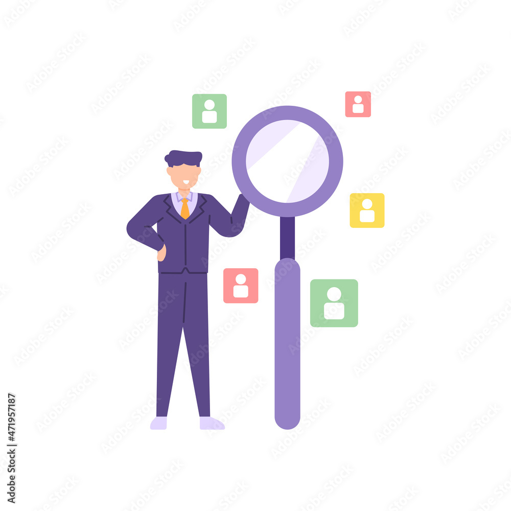 Human Resource Management. Recruitment and hiring concept. illustration of an HR staff checking and selecting a new employee candidate using a magnifying glass. find workers. flat cartoon style Human Resource Management. Recruitment and hiring concept. illustration of an HR staff checking and selecting a new employee candidate using a magnifying glass. find workers. flat cartoon style