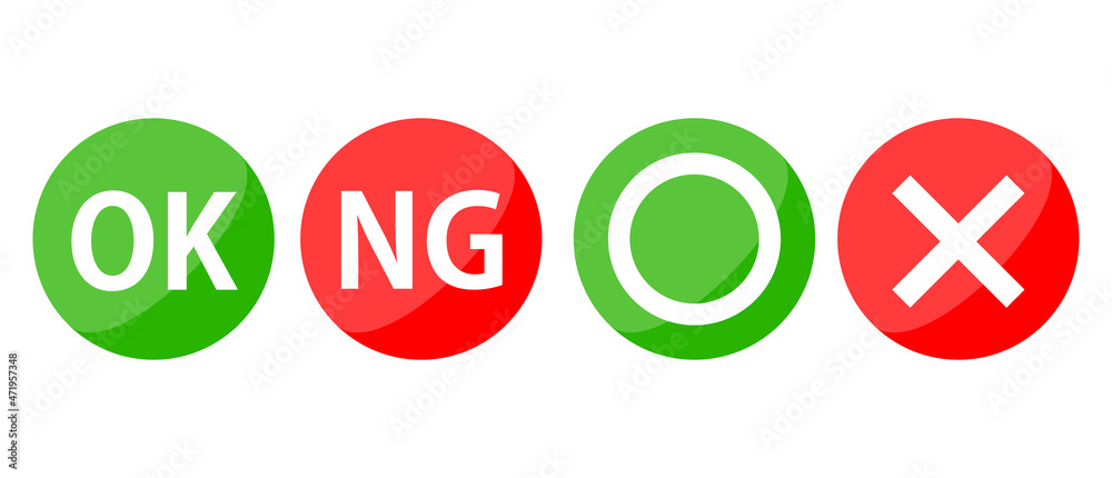 OK mark and NG mark and Circle mark and Cross mark Icon Set. Green and red vector.