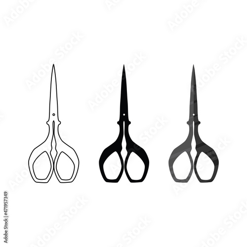 Set of scissors icons. Silhouettes and outlines of vintage and curly scissors for needlework and collecting. Vector illustration isolated on a white background for design and web.