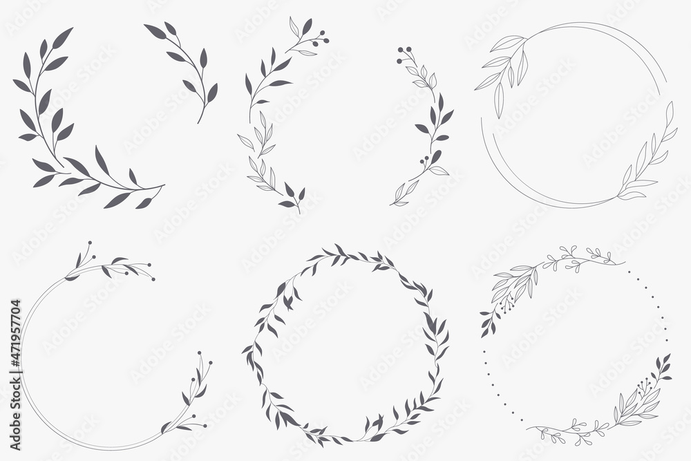 Floral Wreath branch in hand drawn style. Floral round gray and white frame of twigs, leaves and flowers. Frames for the Valentine's day, wedding decor, logo and identity template.