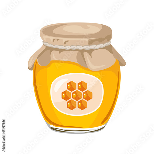 Honey in glass jar isolated on white background. Vector cartoon flat illustration. Natural sweetness. Food icon.