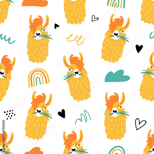 Seamless pattern with funny llamas or alpacas in hand drawn style. Great for textiles, stickers, cards, poster, wallpaper, wrapping paper. Isolated on white background vector illustration
