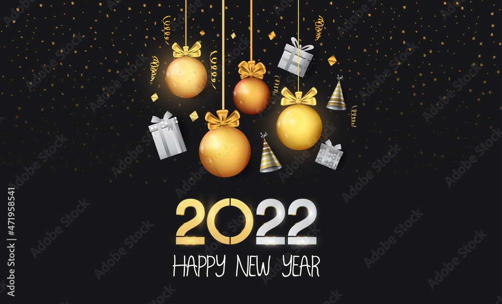 Naklejka premium happy new year 2022 silver and golden number with hanging party element isolated on black background
