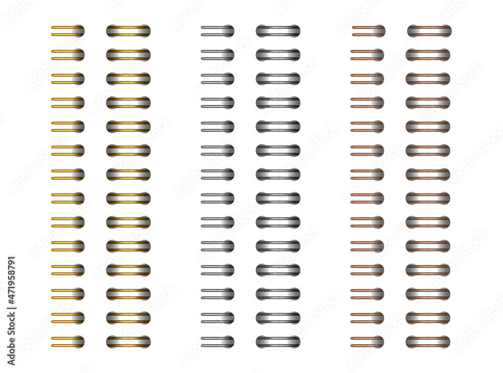 Gold, silver, copper and horizontal spiral for open notebook and calendar. Gold spiral wire bindings for sheets of paper. Set vector illustration isolated on realistic style on white background.