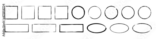 Ink oval, circle and rectangle frames. Grunge empty black boxes set. Ellipse and square borders collections. Rubber stamp imprint. Hand drawn vector illustration isolated on white background.