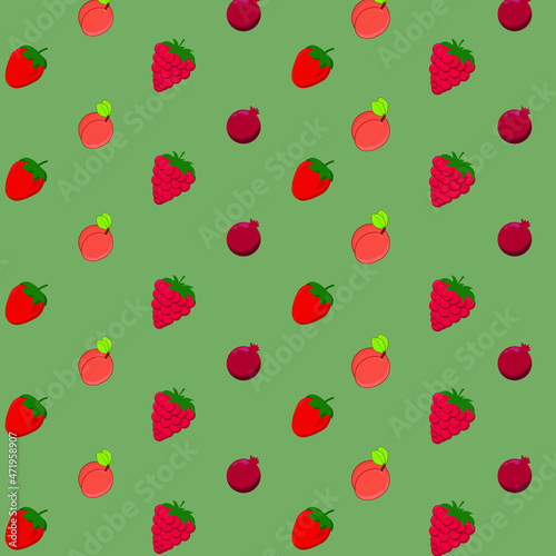 Fruites and beriies pattern with strawberry, peach, pomegranate, raspberry on a green background. Cute vegetables