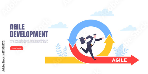 Agile development methodology business concept flat style design vector illustration isolated on white background. Agile life cycle for software development diagram. Business person run into project.