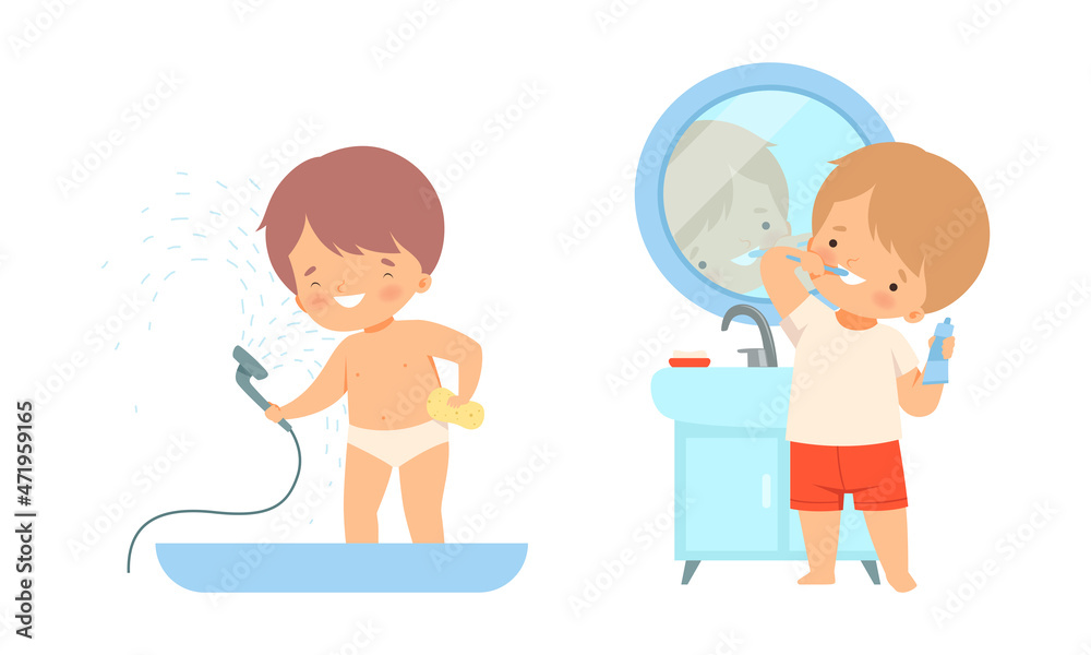 Little Boy Taking Shower and Brushing Teeth Vector Set Little Boy Taking Shower and Brushing Teeth Vector Set