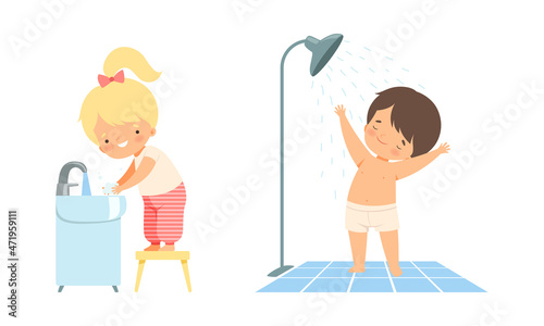 Little Boy and Girl Taking Shower and Washing Hands in Sink Vector Set