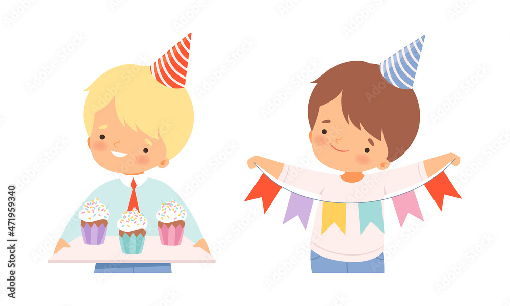 Happy Little Boy Wearing Cone Birthday Hat Holding Cupcake and Garland Cheering About Holiday Vector Set Happy Little Boy Wearing Cone Birthday Hat Holding Cupcake and Garland Cheering About Holiday Vector Set