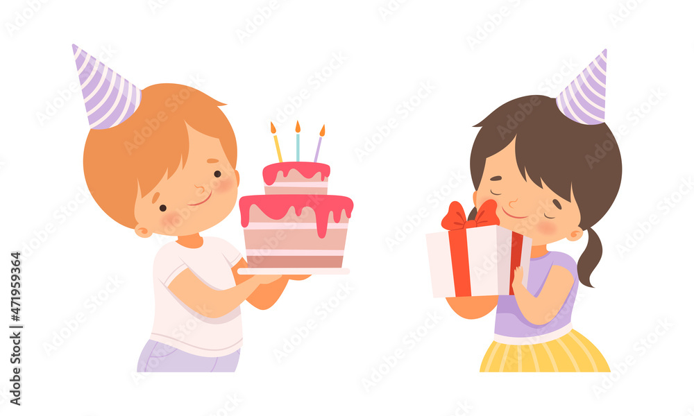 Happy Little Boy and Girl Wearing Cone Birthday Hat Holding Gift Box and Cake with Candles Cheering About Holiday Vector Set Happy Little Boy and Girl Wearing Cone Birthday Hat Holding Gift Box and Cake with Candles Cheering About Holiday Vector Set