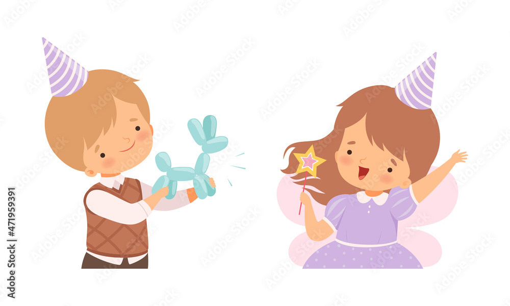 Happy Little Boy and Girl Wearing Cone Birthday Hat Holding Balloon and Magic Wand Cheering About Holiday Vector Set Happy Little Boy and Girl Wearing Cone Birthday Hat Holding Balloon and Magic Wand Cheering About Holiday Vector Set