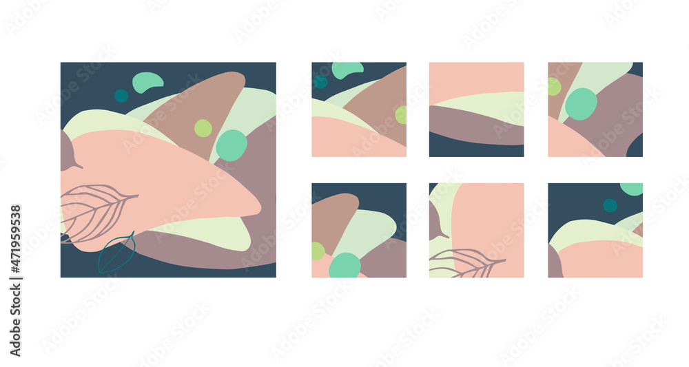 Vector set of square backgrounds with leaves and abstract shapes.  Illustration for mobile apps, social media icons templates, designs, posters and advertisements.