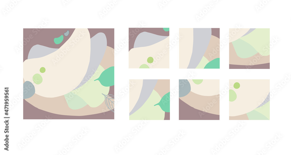 Vector set of square backgrounds with leaves and abstract shapes. Illustration for mobile apps, social media icons templates, designs, posters and advertisements. Vector set of square backgrounds with leaves and abstract shapes. Illustration for mobile apps, social media icons templates, designs, posters and advertisements.