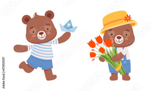 Cute Teddy Bear Character in Striped Shirt Running with Toy Boat and Holding Flower Bouquet Vector Set
