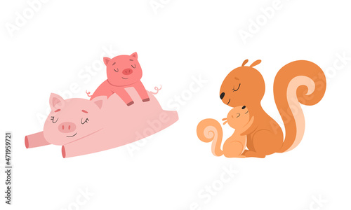 Mom Animal Cuddling with Its Little Cub as Parent Love and Care Vector Set