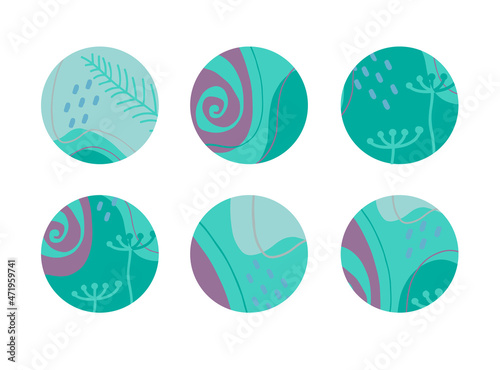 Set of round abstract backgrounds with colored spots, points, branches, curls and lines. Vector illustration. Illustration for mobile apps, social media icons templates, designs, and advertisements. © Nataliya